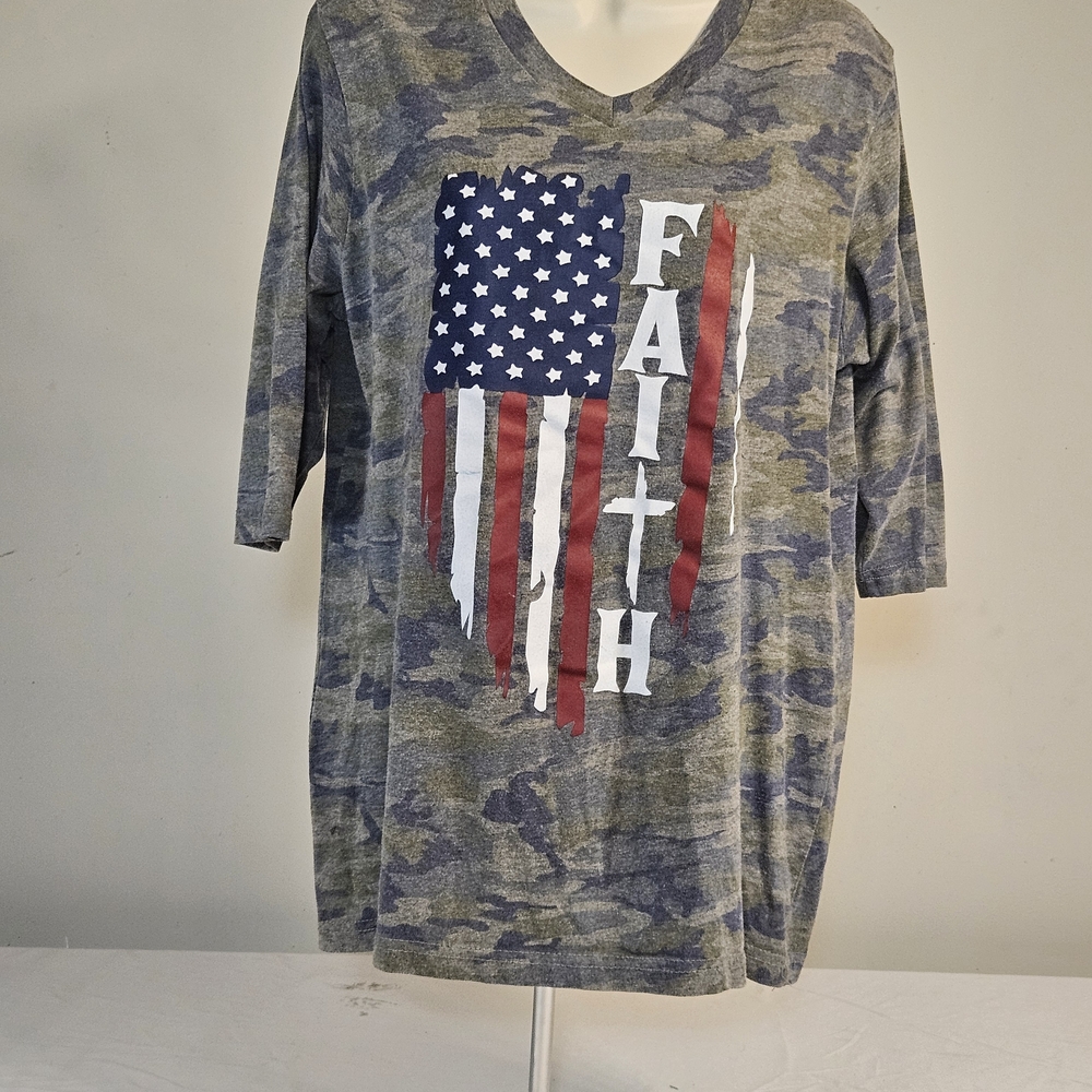 Women's Camo V-Neck Top with American Flag & FAITH Graphic - Green/Blue